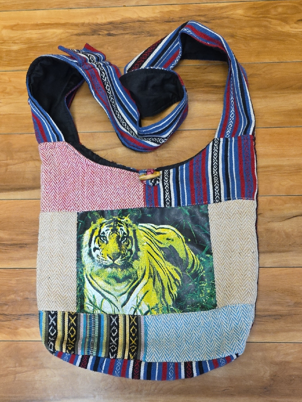 Rising International Boho-Style Shoulder Tote Bag Tiger Graphic Made In Nepal